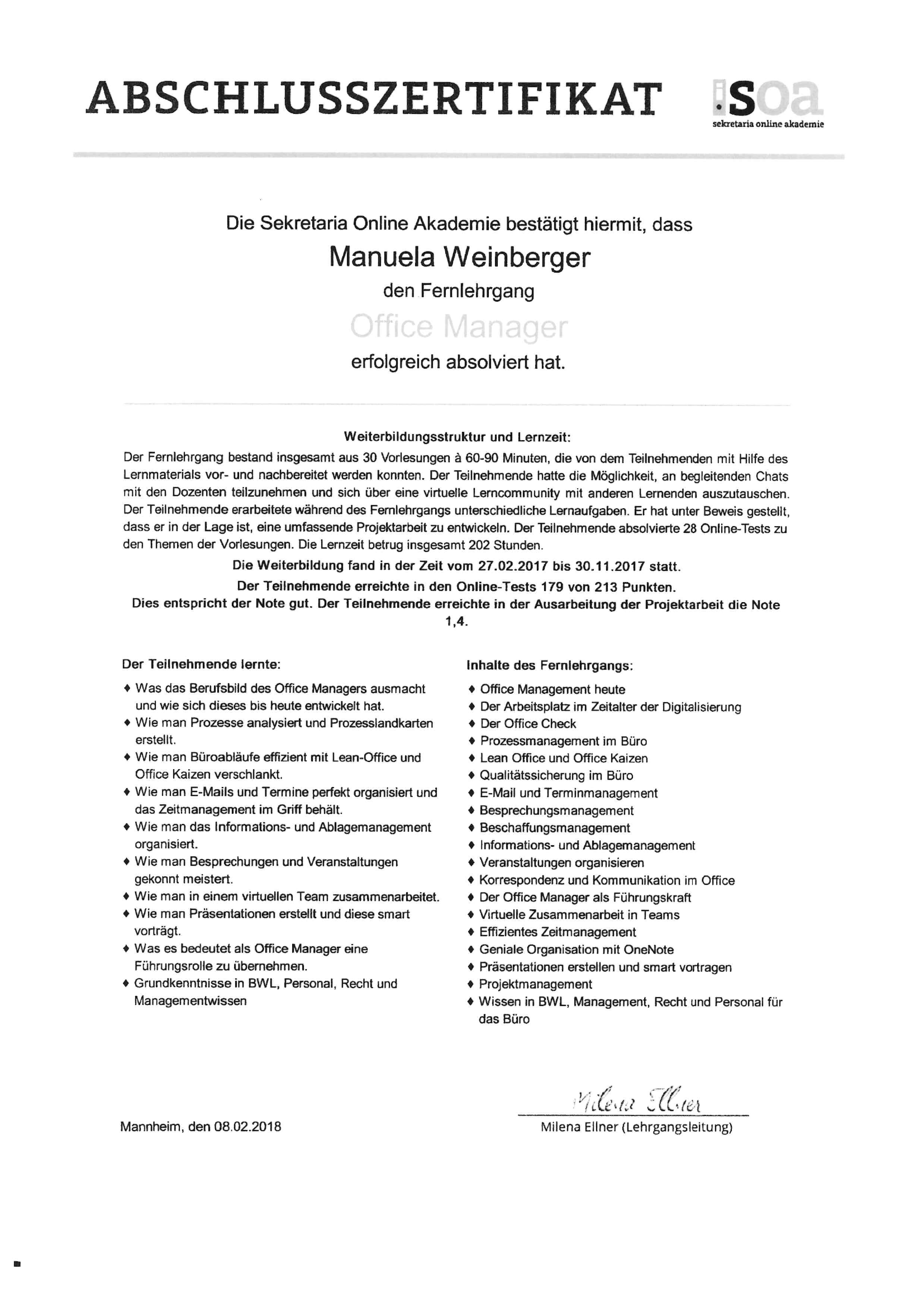 soa-Abschlusszertifikat Office Manager von Manuela Weinberger (2018) soa-Abschlusszertifikat Office Manager von Manuela Weinberger (2018)