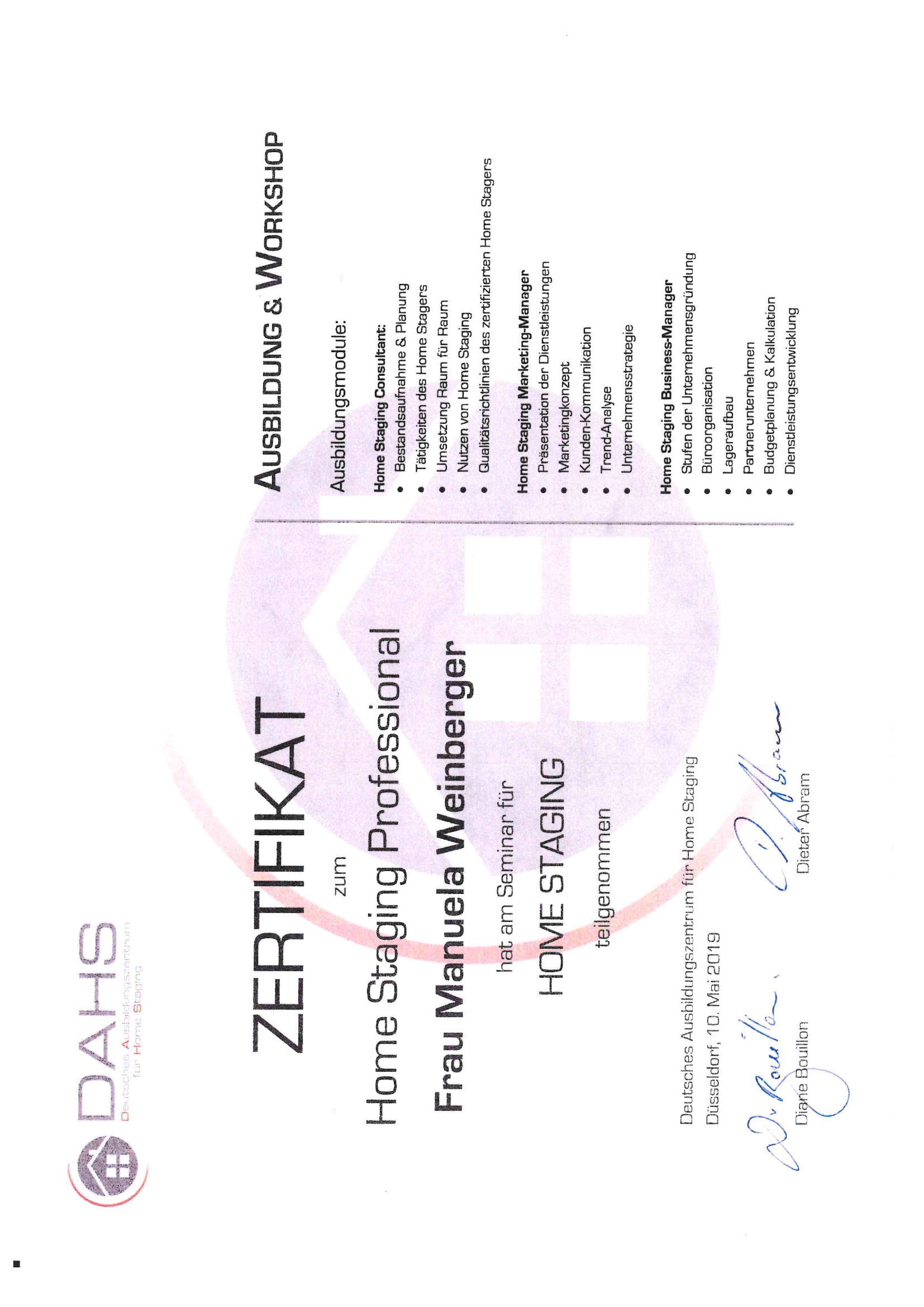 DAHS-Zertifikat Home Staging Professional von Manuela Weinberger (2019) DAHS-Zertifikat Home Staging Professional von Manuela Weinberger (2019)
