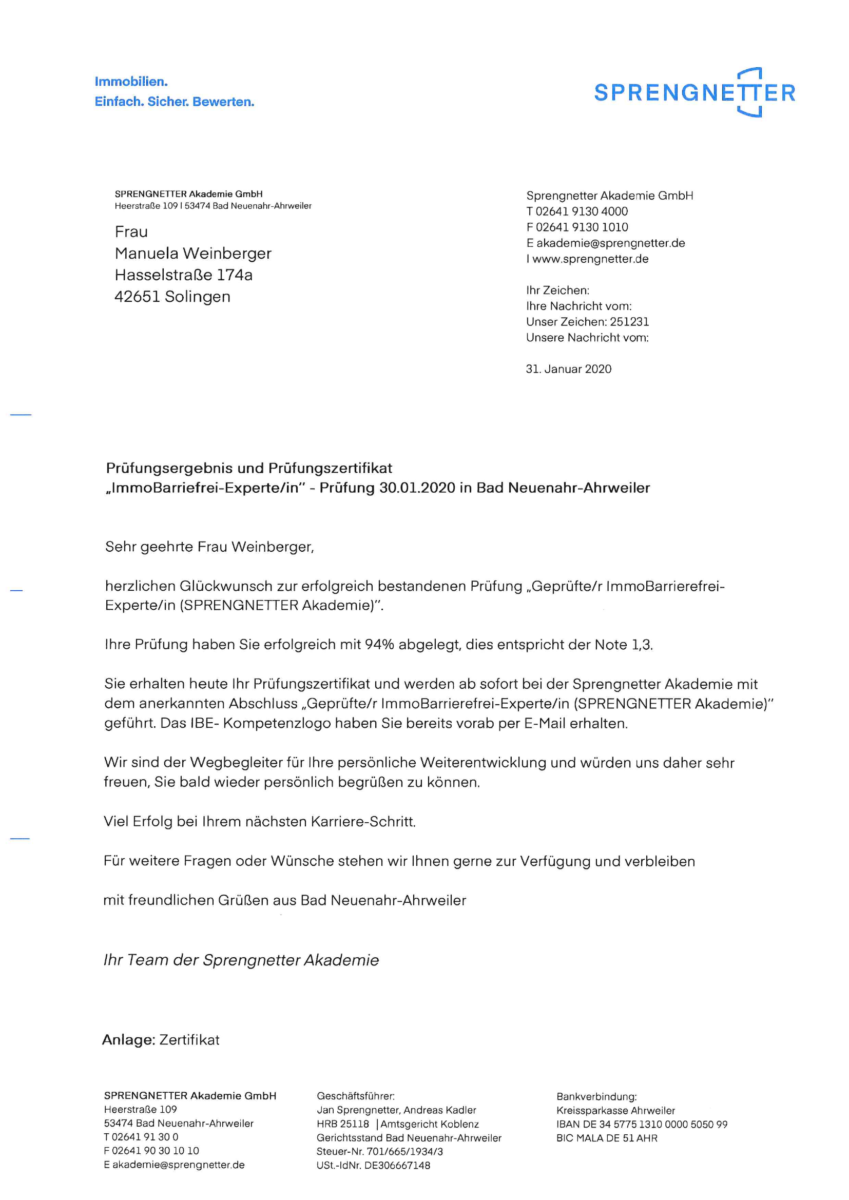 Sprengnetter-Zertifikat ImmoBarrierefrei-Expertin von Manuela Weinberger (2020) Sprengnetter-Zertifikat ImmoBarrierefrei-Expertin von Manuela Weinberger (2020)
