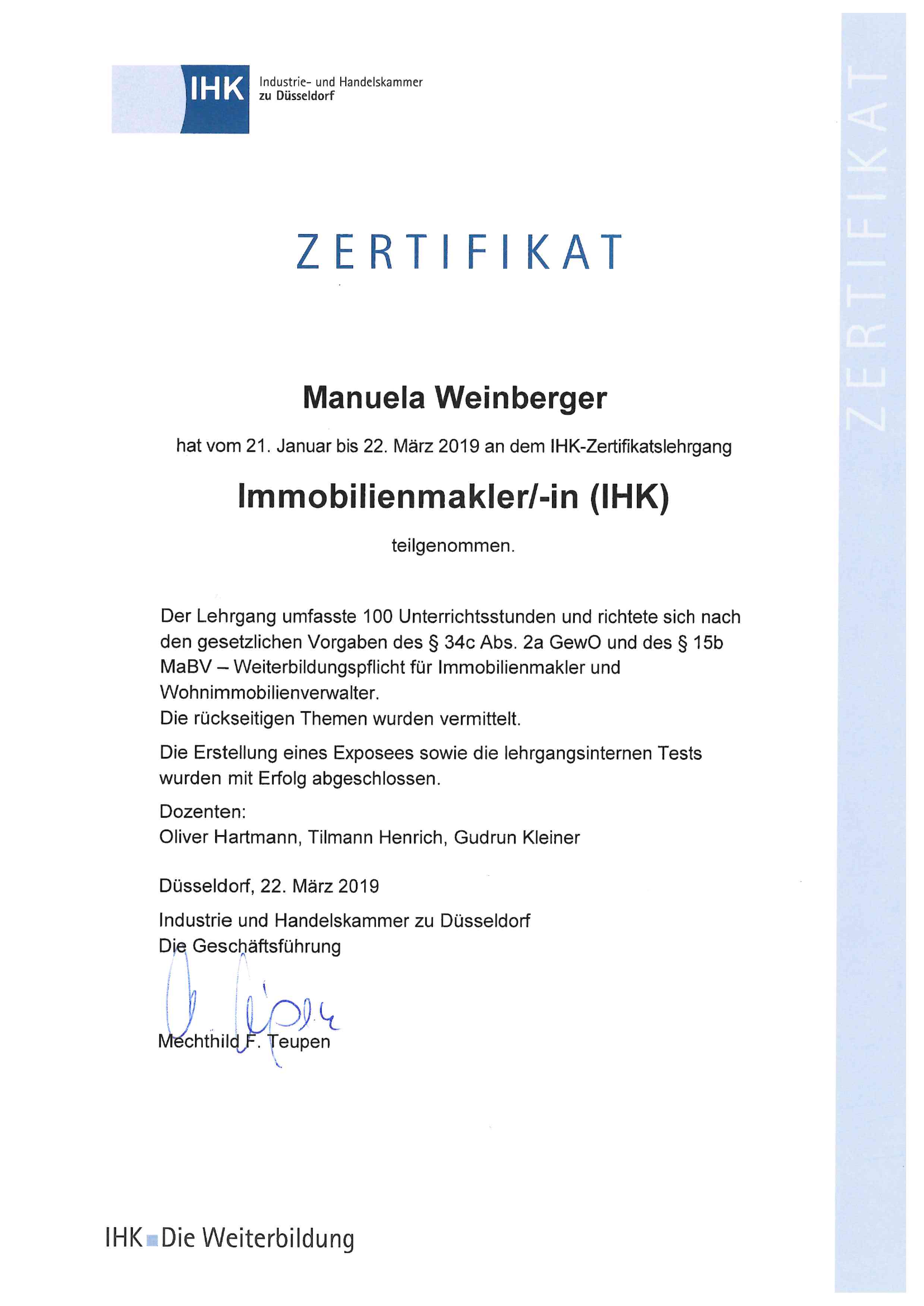 IHK-Zertifikat Immobilienmaklerin von Manuela Weinberger (2019) IHK-Zertifikat Immobilienmaklerin von Manuela Weinberger (2019)